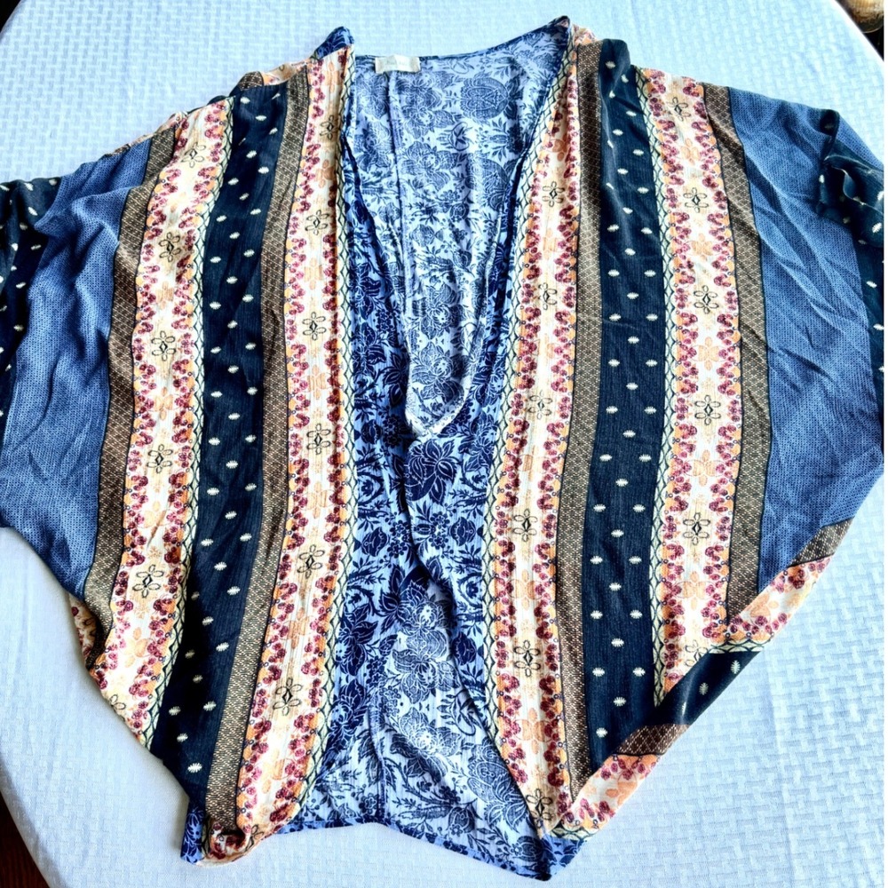 Altar'd State Mixed Print Boho Kimono Cardigan Blue Floral Paisley Small